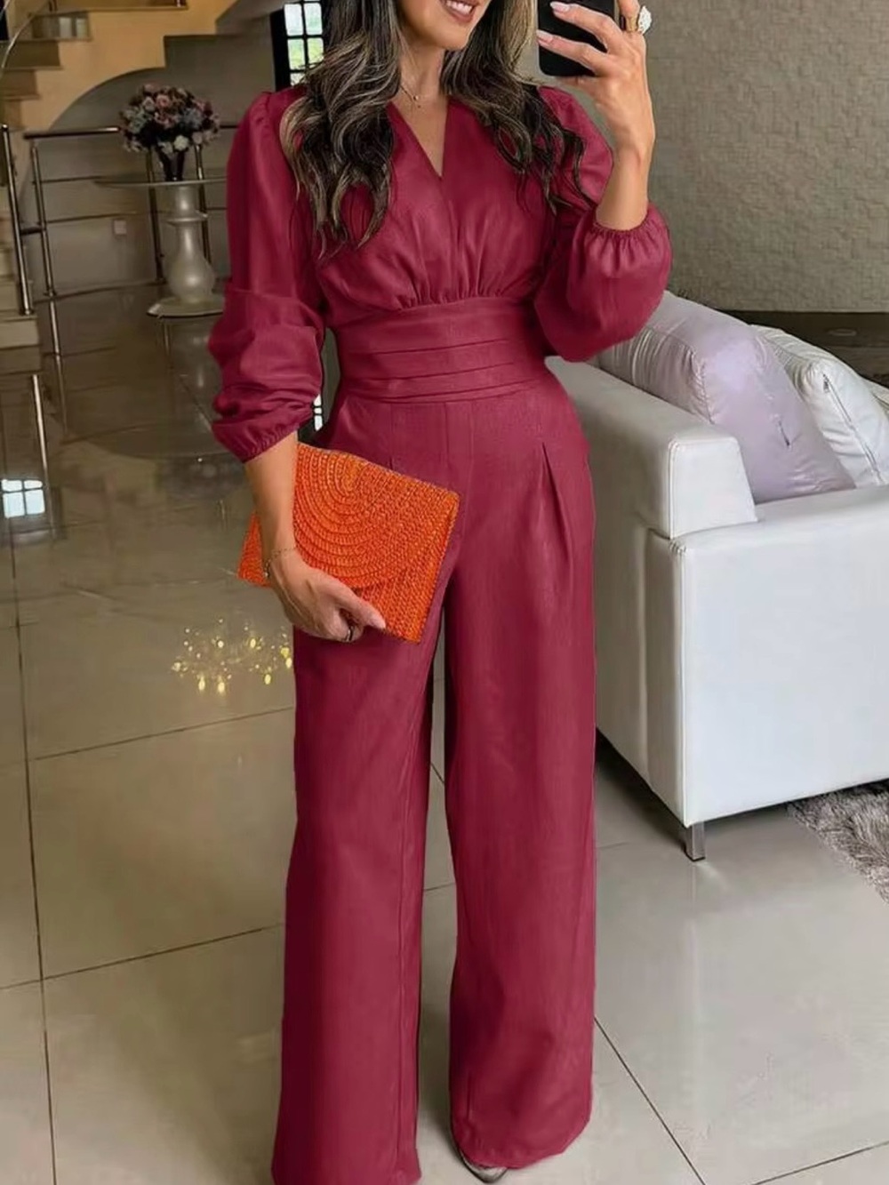 Women's Crimson Red Wide-Leg Jumpsuit